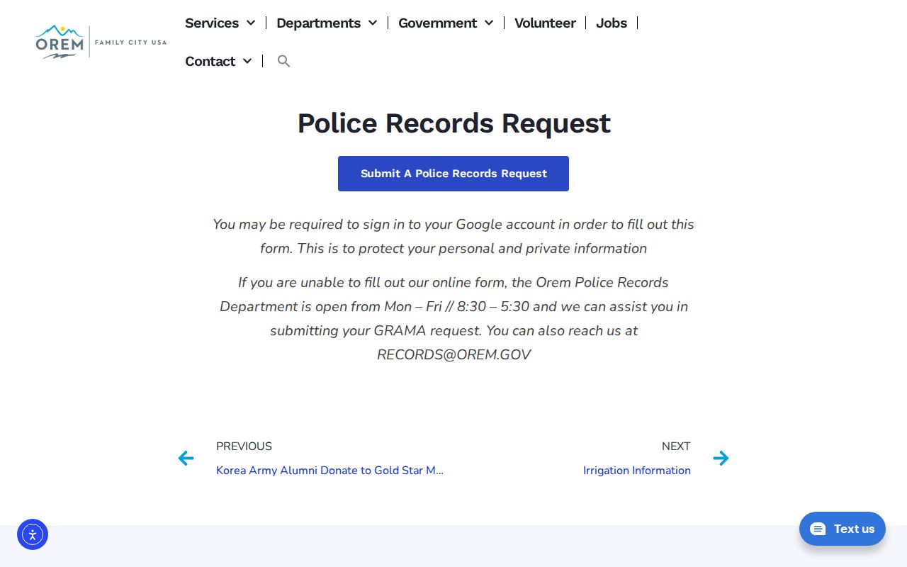 Utah County Orem Police arrest-record request interface