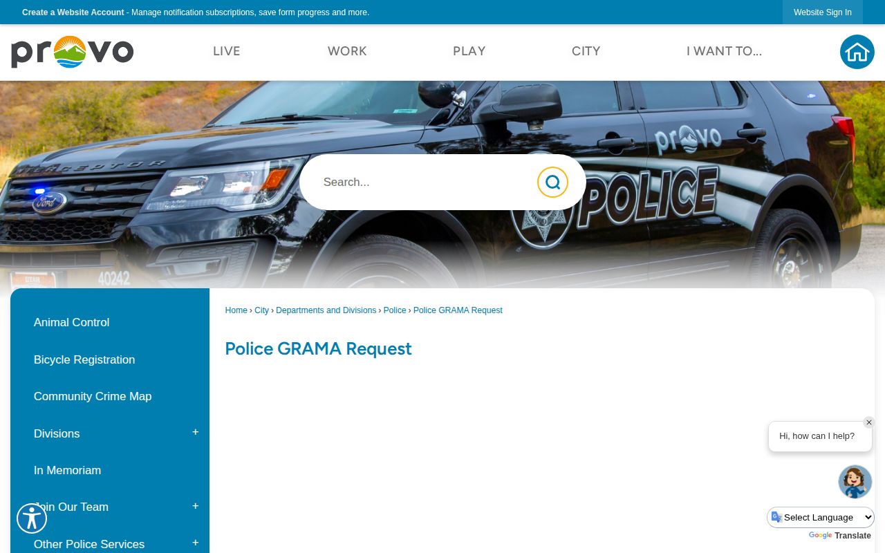 Utah County Provo Police arrest-record request interface