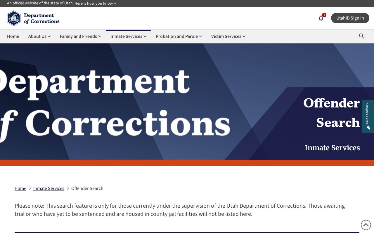 Utah County related UDC offender record search interface