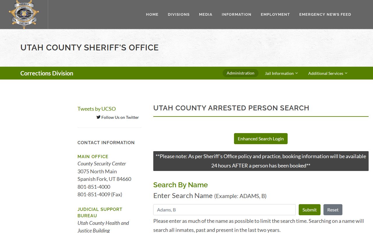 Utah County Jail roster and booking record search interface